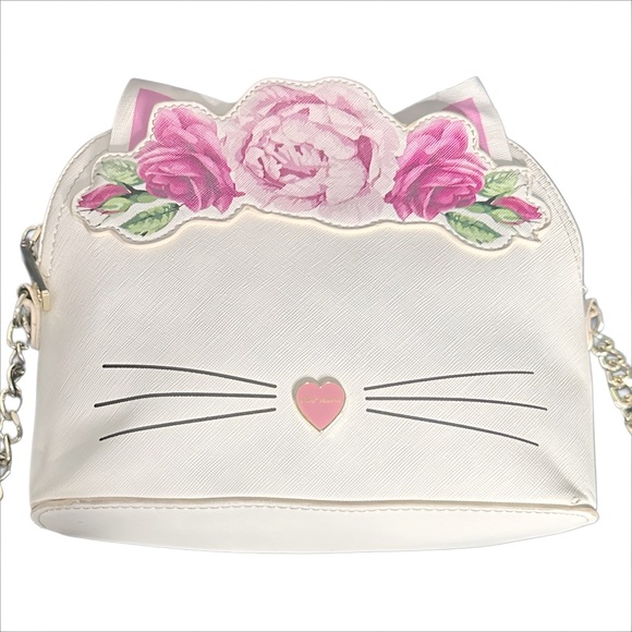 Betsey Johnson Handbags - Betsey Johnson White Cat Crossbody Bag with Pink Floral Accents